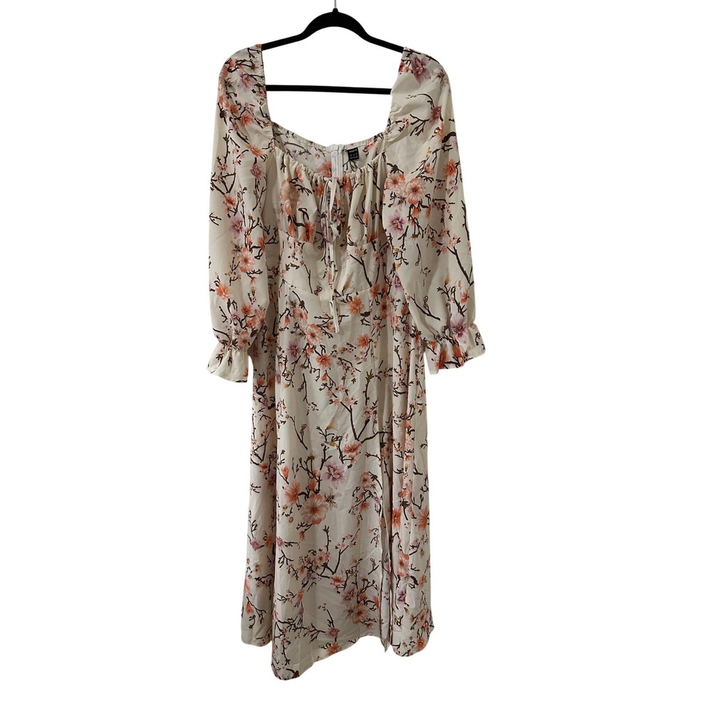 Shein Floral Midi Dress XL Cream Blossom Cottagecore Tie Front Slit‎ Milkmaid